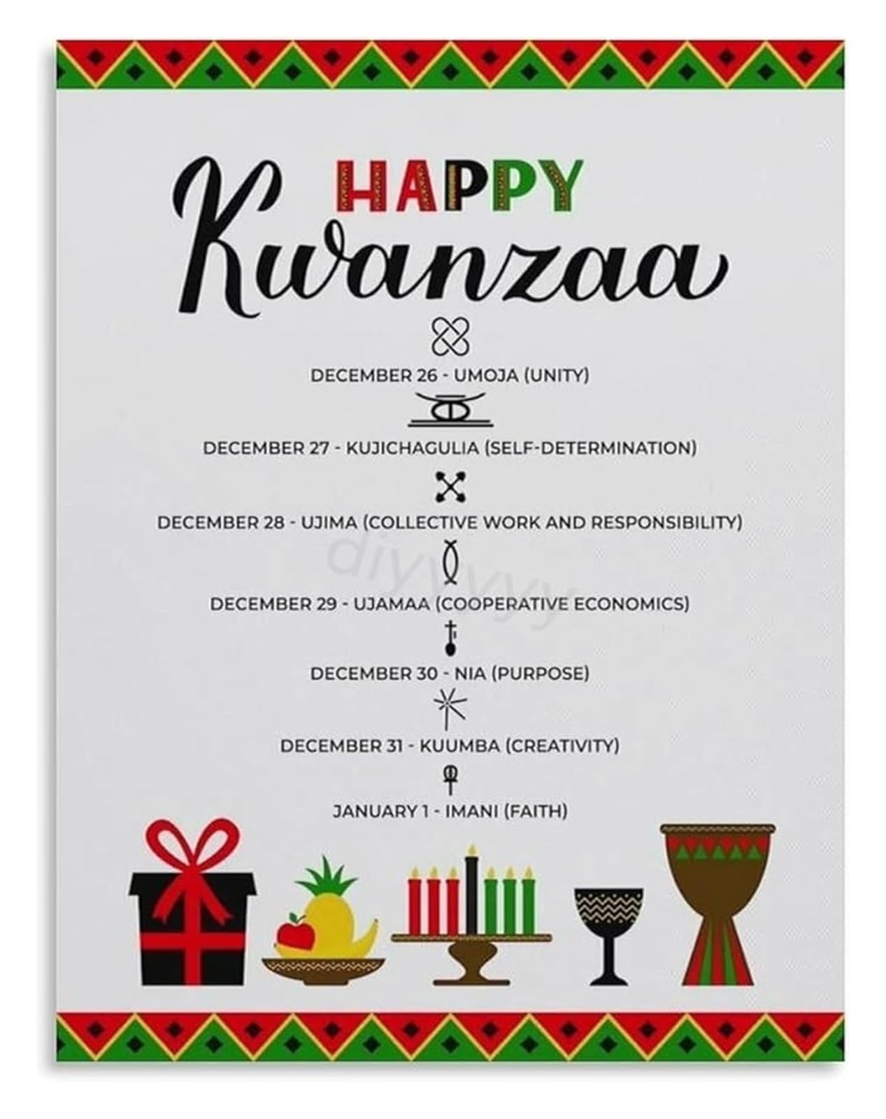 PKNVKZIDK Kwanzaa Values Poster A Guide to the Seven Principles for Teaching and Celebration Canvas Wall-Art Framed,12x18inch(30x45cm)