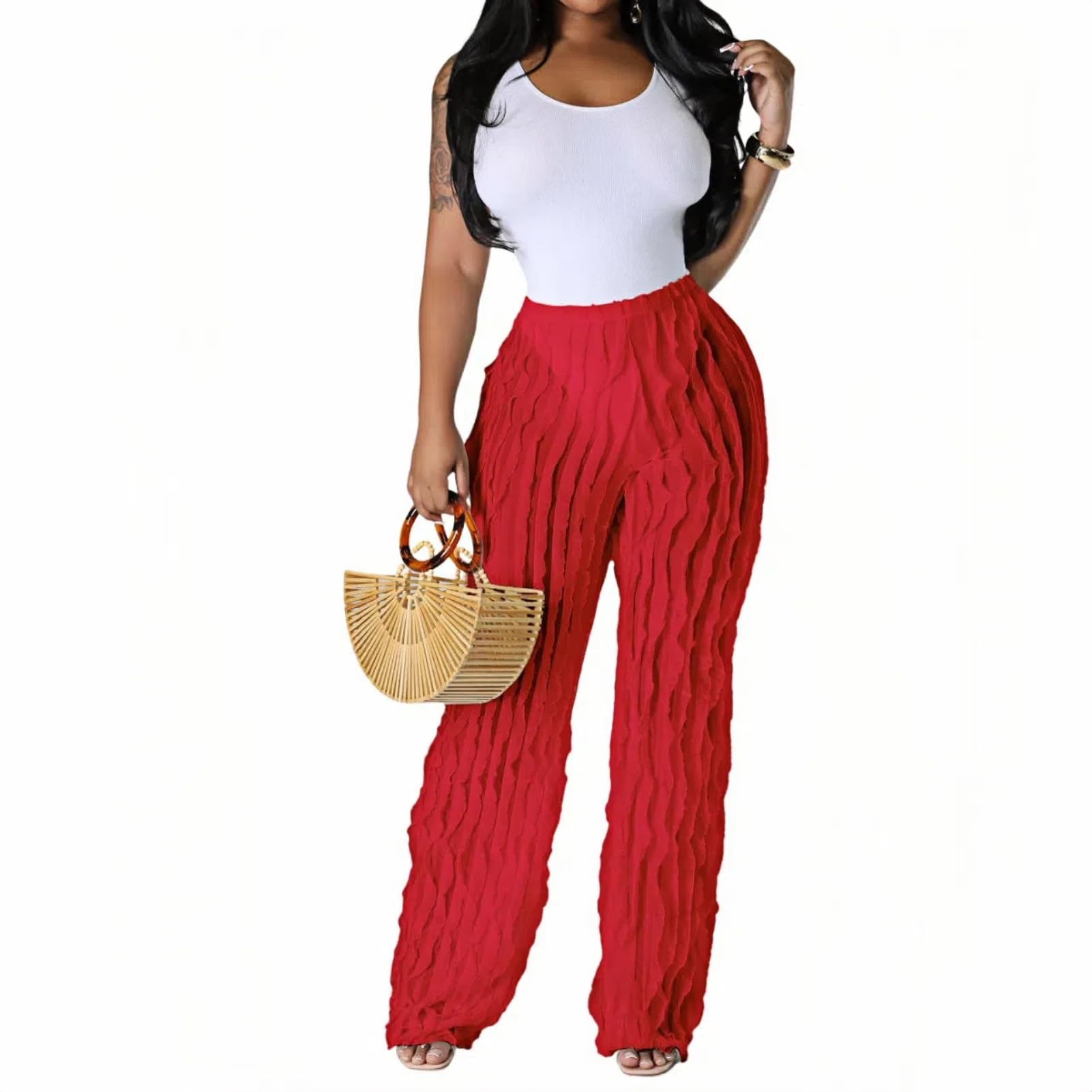 PRIVIMIX Women High Waist Sexy See Through Ruffle Wide Leg Palazzo Pants Stretchy Tassel Long Sheer Mesh Trousers