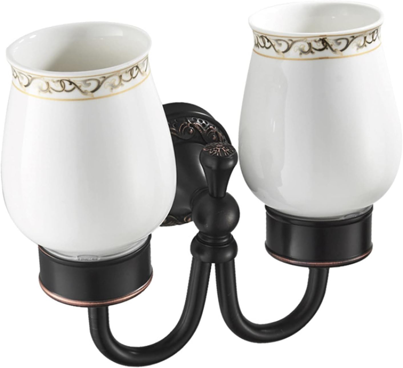 Schwarz Retro Messing Zahnbürstenhalter, Europäischer Stil Wand Geschnitzt Doppelt Keramik Becherhalter, Bronze Finished Mund Becher Halter Anhänger Badezimmer Zubehör