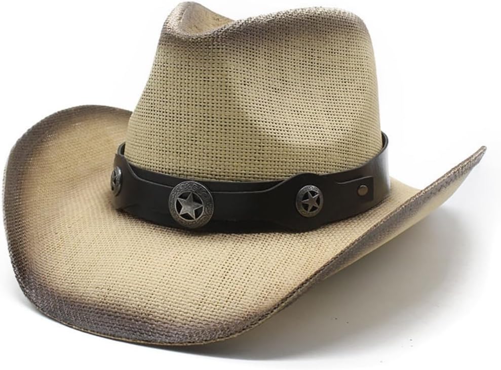 Western Cowboy Hat, Pink Straw with Leather Band and Star Conchos, Wide Brim