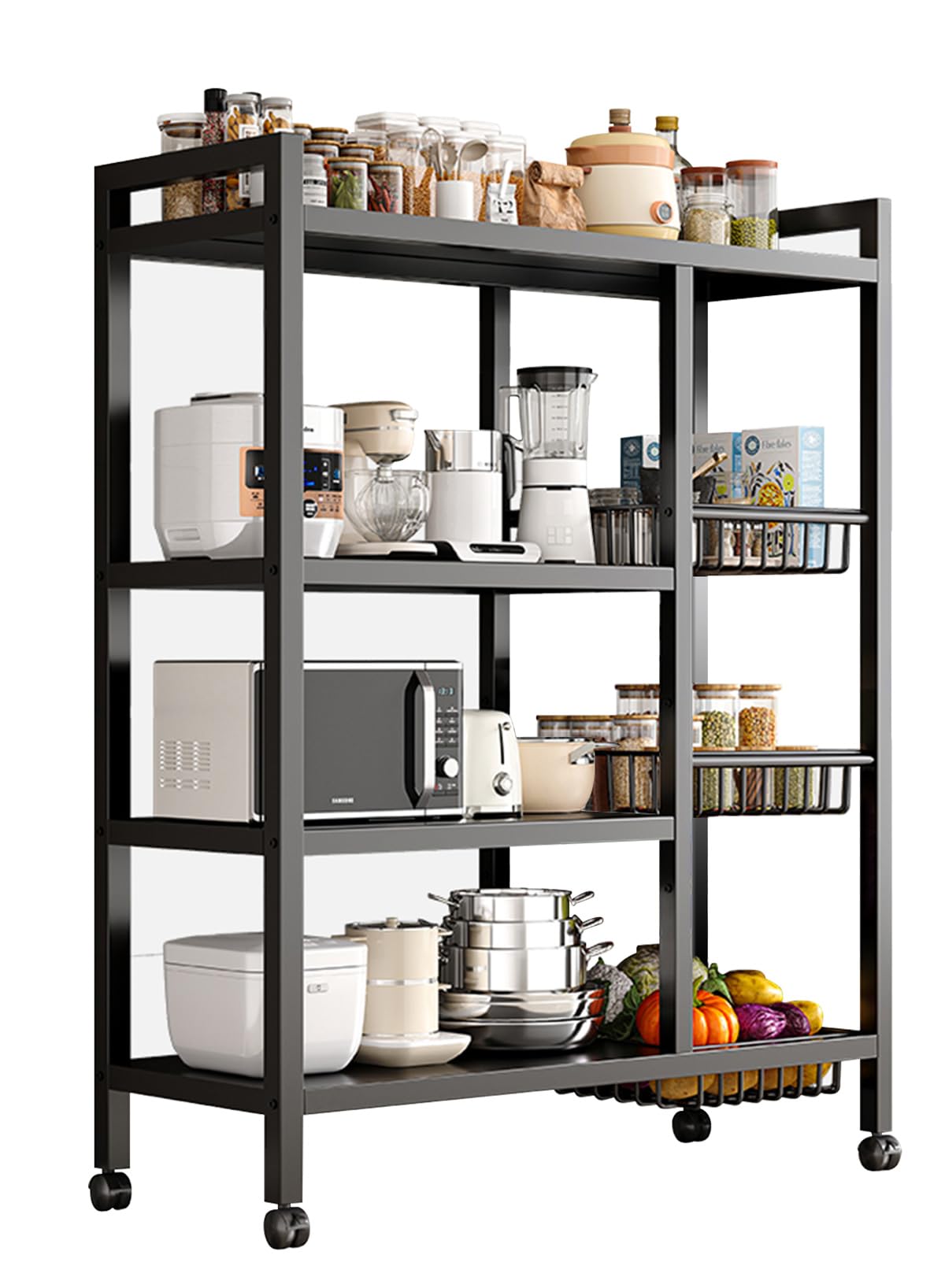 URbazaar Microwave Oven Rack, 4-layer Shelf with 3 Baskets, Heavy-Duty Trolley Organizer Cabinet with Rolling Wheels for Living Room Office