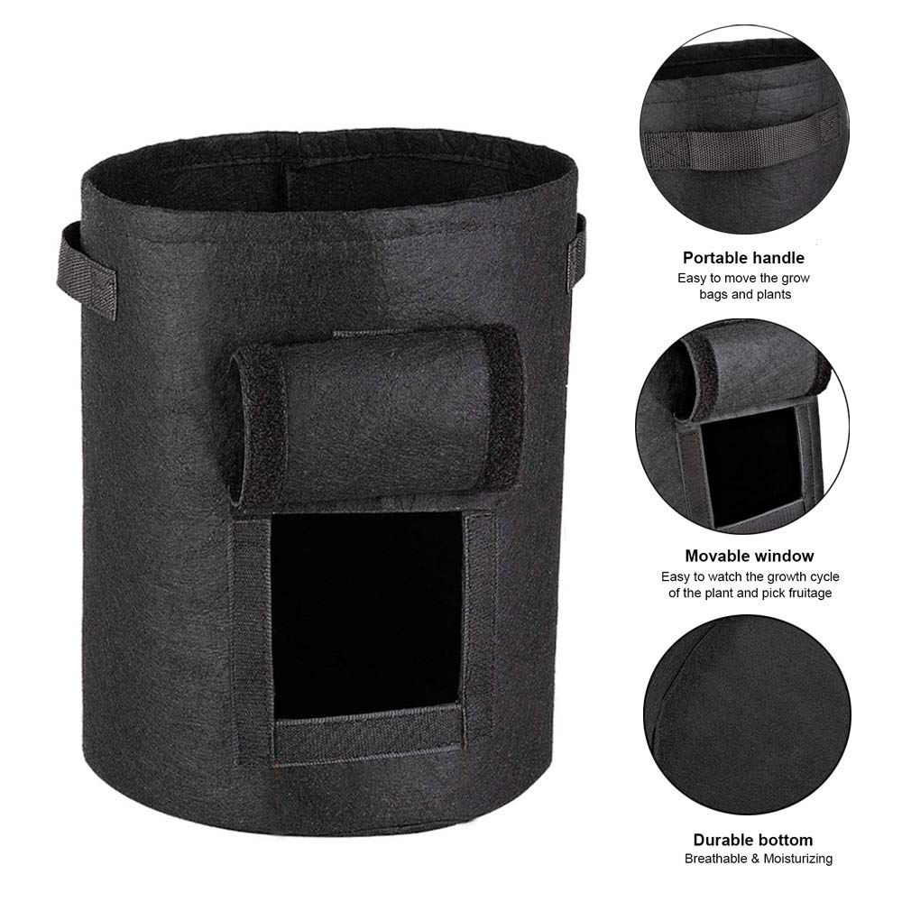 Worki do uprawy ziemniaków, Torby do uprawy ziemniaków, szaro-czarne, 7-10 gal, 4 szt. doniczek z haczykami i pętelkami paskiem na okienko(Black,7 Gallon)