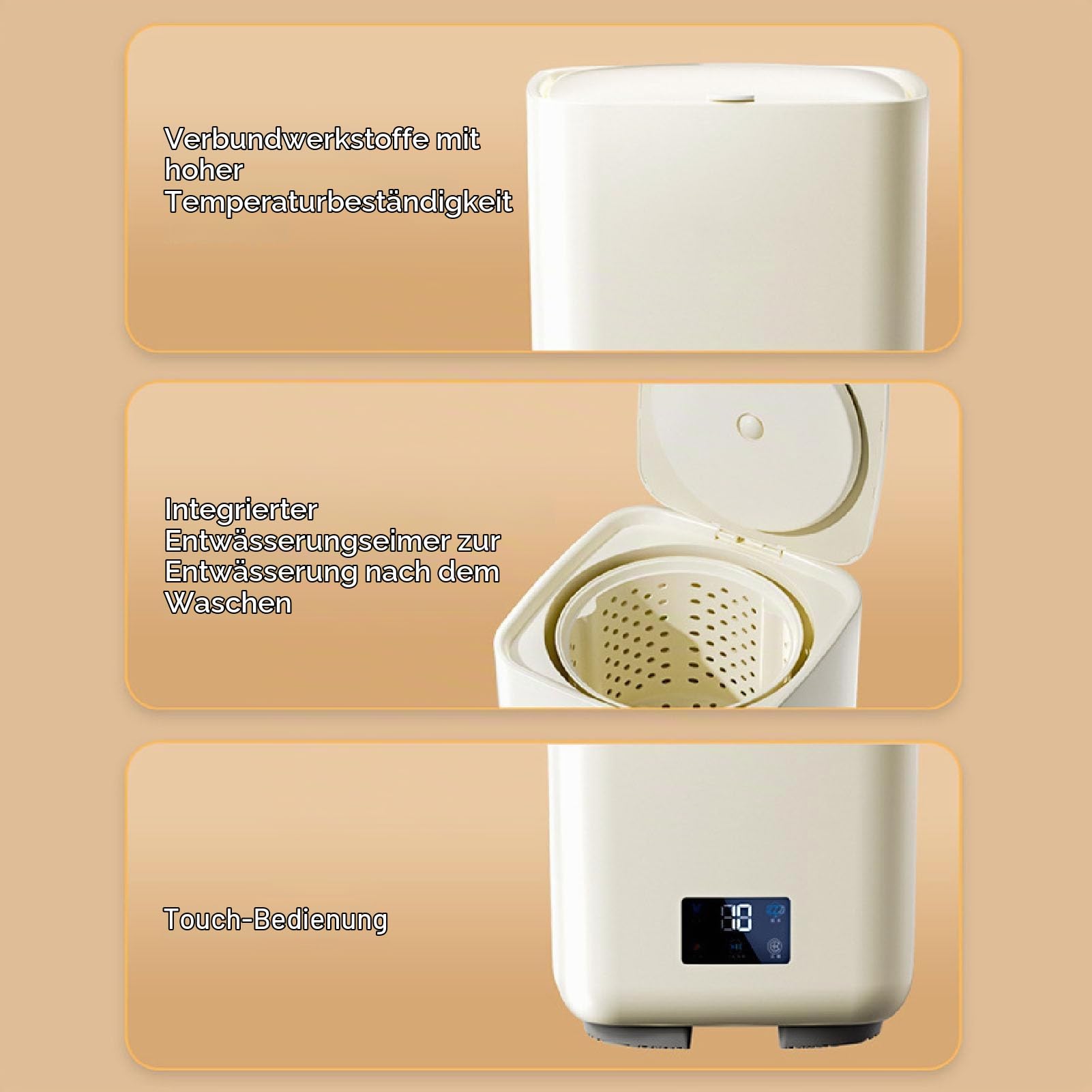 Tragbare Mini-Waschmaschine, 7L Große Kapazität Vollautomatisch Mit Wäscheschleuder, LCD-Touchscreen für Kleine Unterwäsche (Beige)