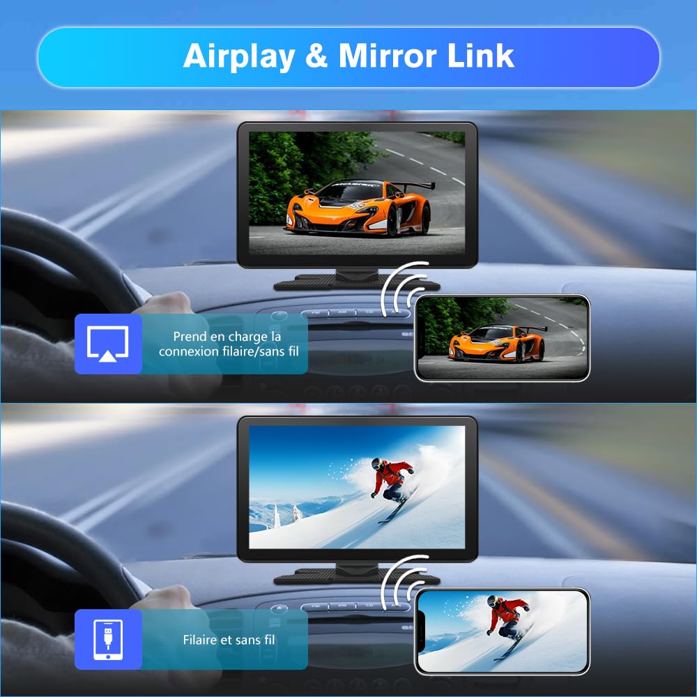 Écran Tactile 9" CarPlay & Android Auto sans Fil avec Dashcam 4K + Caméra Arrière, GPS, Bluetooth, FM, AUX, Lien Miroir, Carte TF 64G