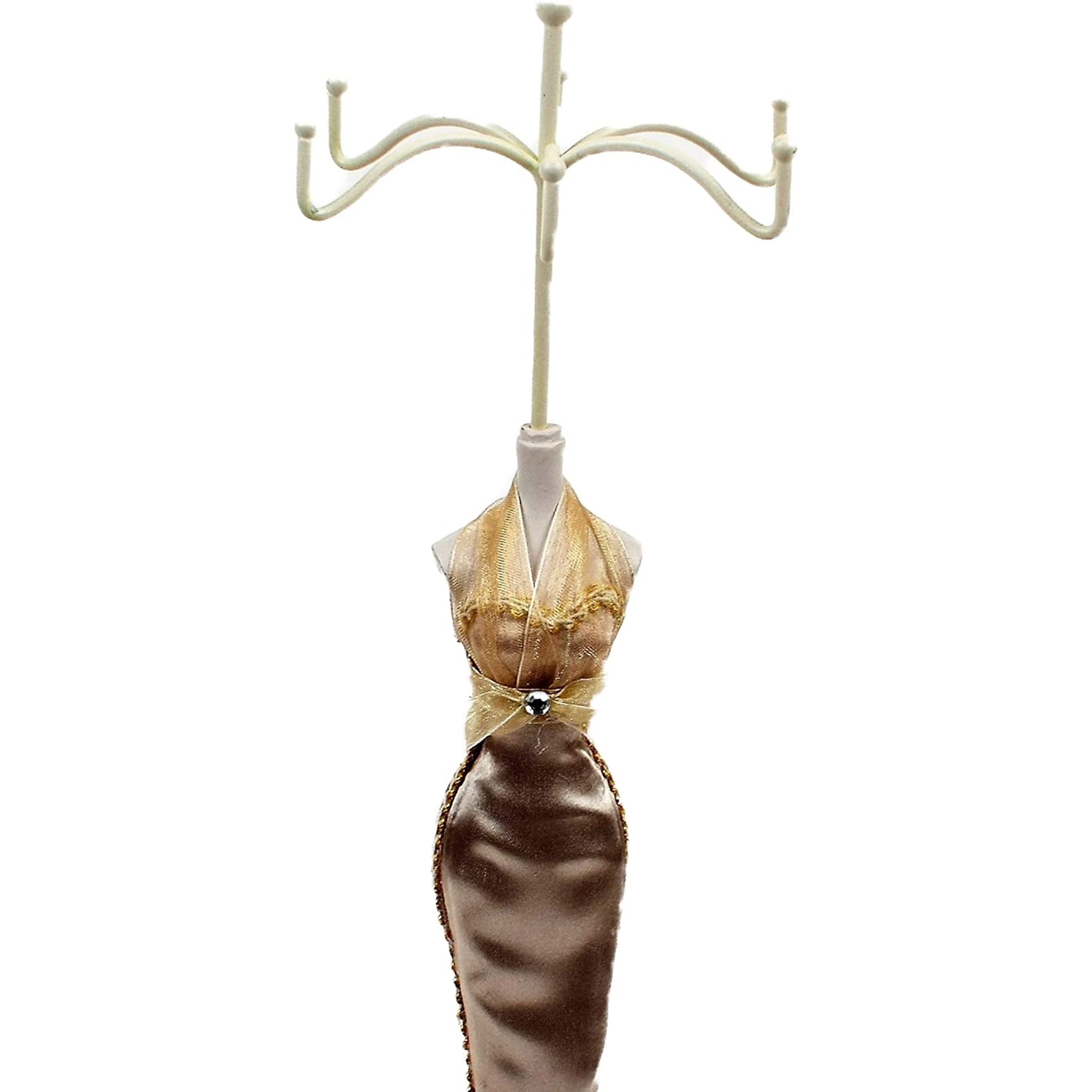 Portagioie a forma di manichino decorativo vintage, espositore originale per collane, orecchini, bracciali, ciondoli, estroso o decorativo, legno e tessuto, gancio in metallo, altezza circa 40 cm