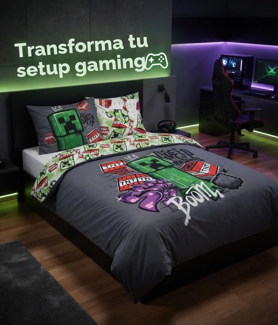 Minecraft Funda Nórdica Doble 240x220 Metro Art + 2 Fundas 63x63 | Licencia oficial | Microfibra Oeko-Tex secado rápido | Graffiti Creeper TNT Pixel | Reversible 2 diseños | Gamer