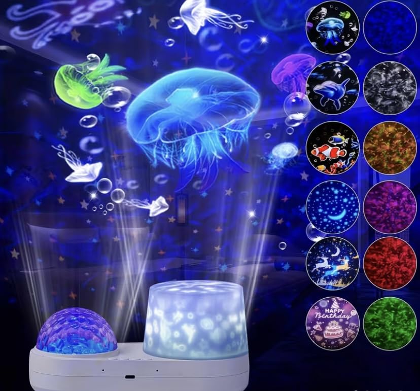 Elloé Veilleuse Projecteur Océan Étoilé Veilleuse avec 12 Effets d'Eclairage 6 Films de Projection Multiples Thèmes Dauphins, Poisson-Clown, Licornes et Anniversaire