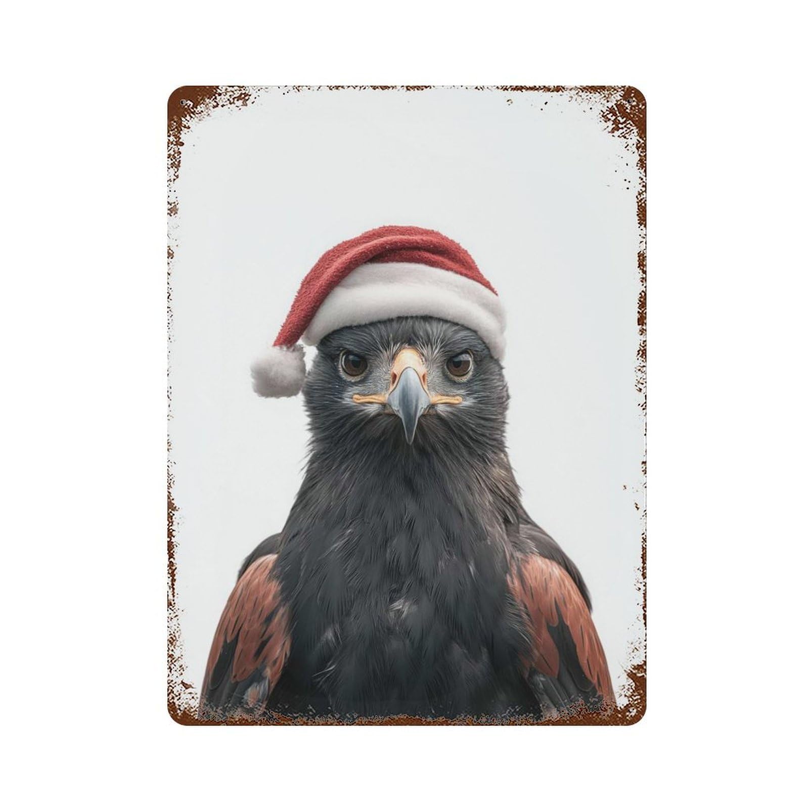Black And Chestnut Eagle with Santa Hat Rust Effect Tin Sign 15.7"x11.8", Novelty Wall Decor for Garage, Pub Or Kitchen