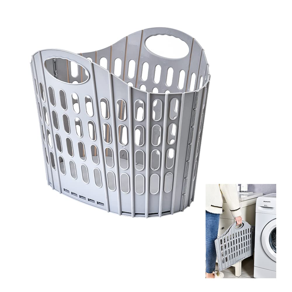 Large Collapsible Clothes Hamper, Folding Laundry Hamper, Foldable Clothes Laundry Basket Hamper High Capacity, Plastic Storage Laundry Box with Dual Handles, Organizer Storage Bin Gray