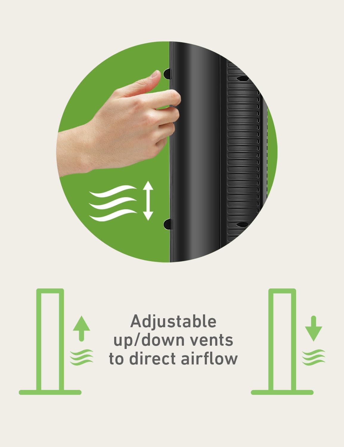 Hand adjusting the vertical vents on the tower fan to direct airflow