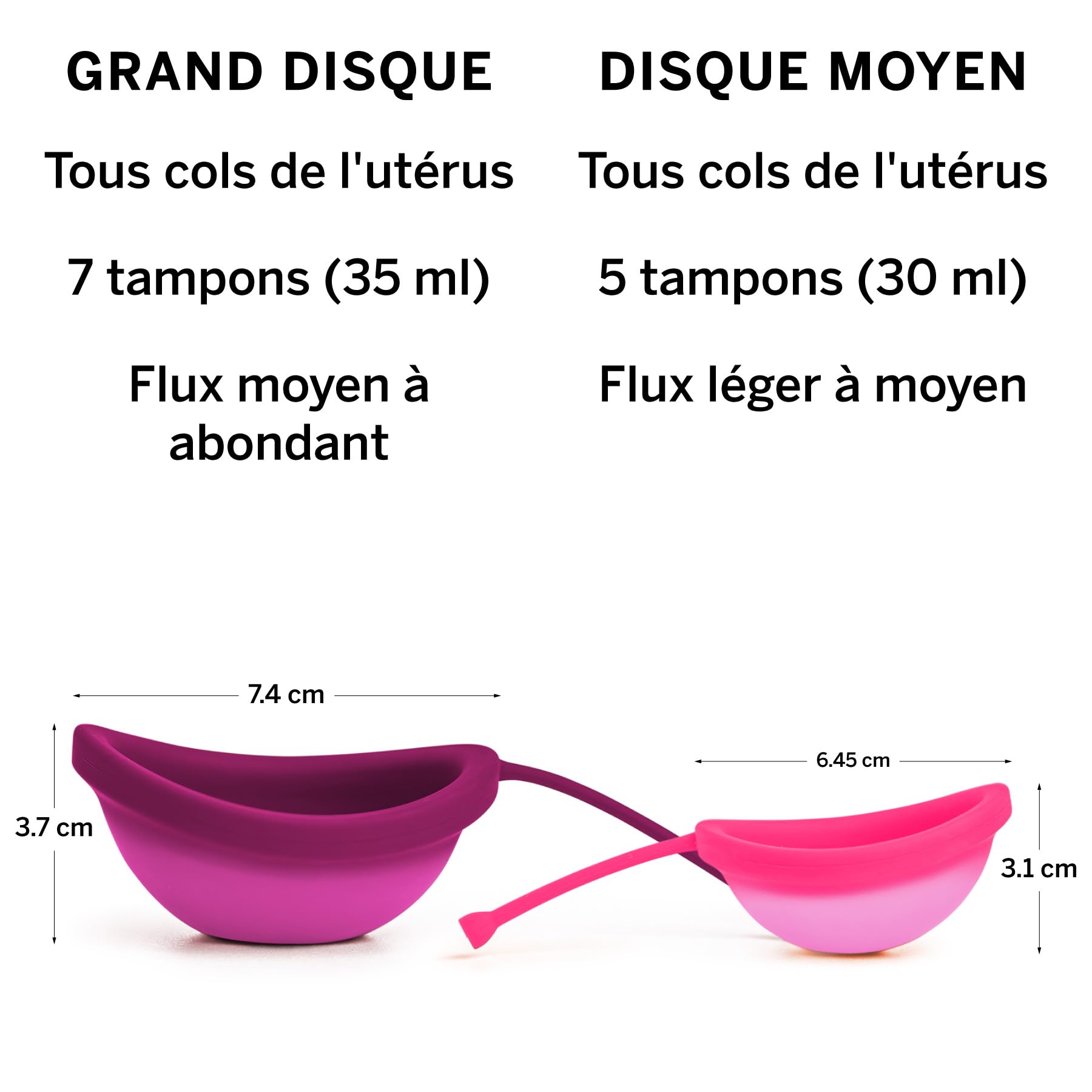 2 disques menstruels réutilisables en silicone médical 100% – Sans métaux ni toxines – Classés n° 1 pour leur souplesse – S’insèrent/retirent comme un tampon – 12 h de port – Capacité 5 et 7 tampons