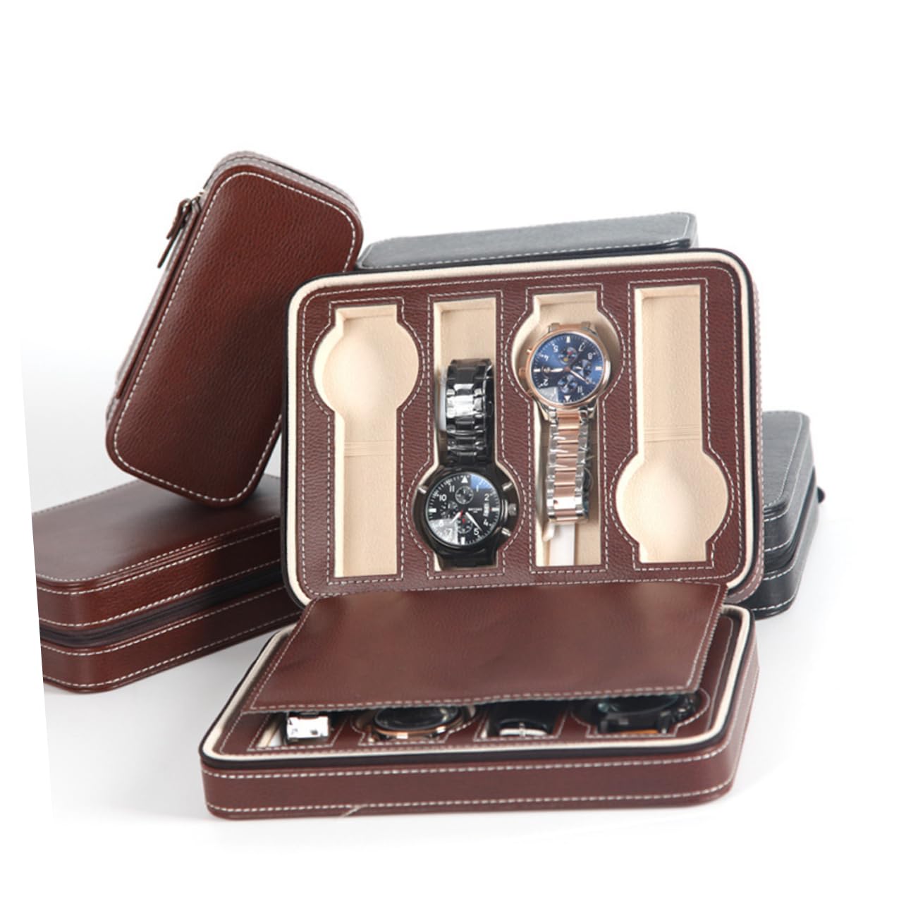 Custodia Orologi da Viaggio in Pu Marrone 8 Scomparti
