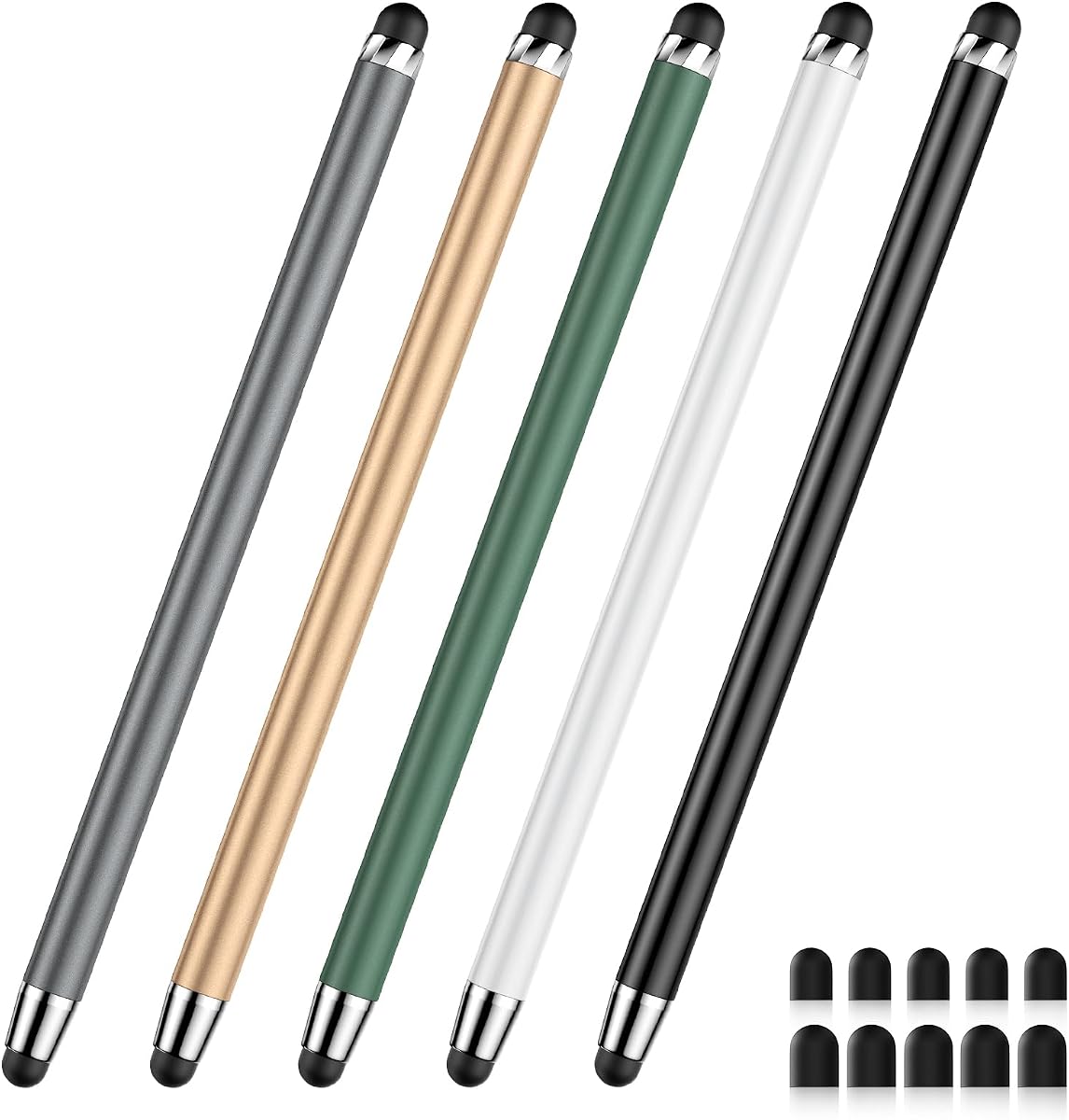 Lápiz óptico para pantalla táctil (5 piezas) Lápiz óptico 2 en 1 para iPad | Precisión de alta sensibilidad adecuada para pantallas táctiles de iPhone/ipad/tableta Android (negro/blanco/gris/dorado/verde oscuro)
