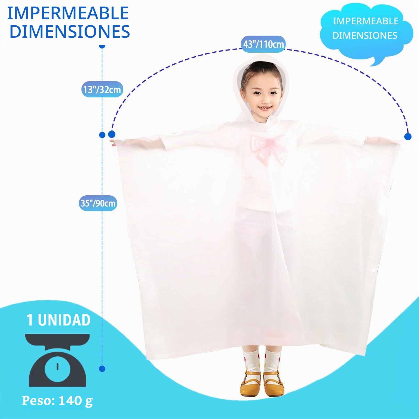 Poncho de lluvia impermeable para niños, reutilizable, impermeable, transparente, con capucha y botones, capa de lluvia ligera para niños, para la escuela, viajes al aire libre