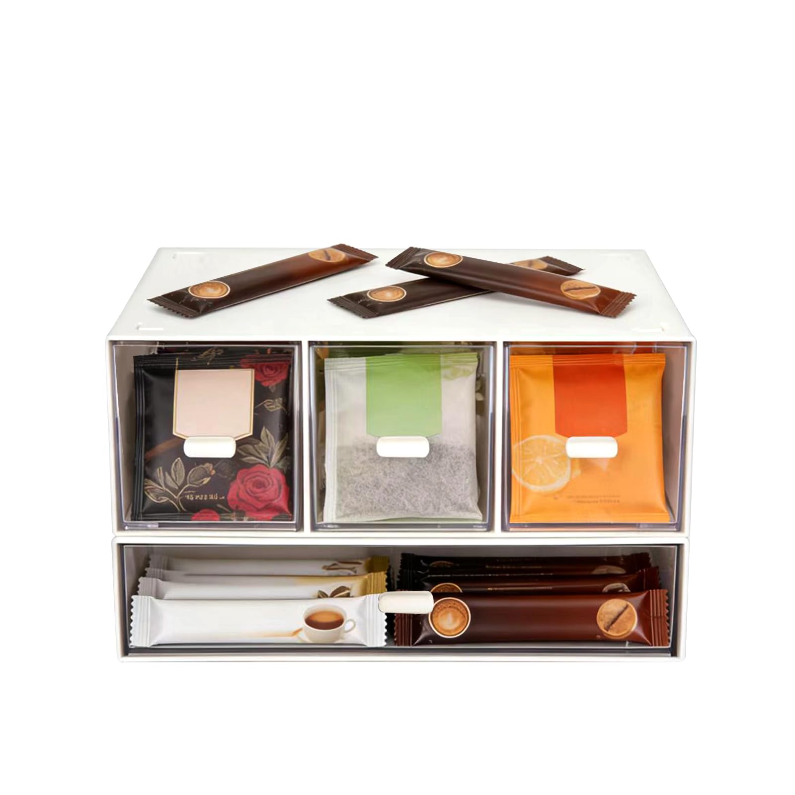 2 cajas de almacenamiento para bolsas de té, cajas de té de plástico para bolsas de té, cajones apilables, organizadores de cocina, cajas de bolsas de té para café, azúcar, especias