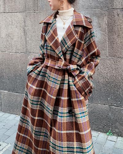 chouyatou Women's Plaid Button Down Wool Coat Notch Lapel Overcoat Winter Long Trench Coat with Belt3