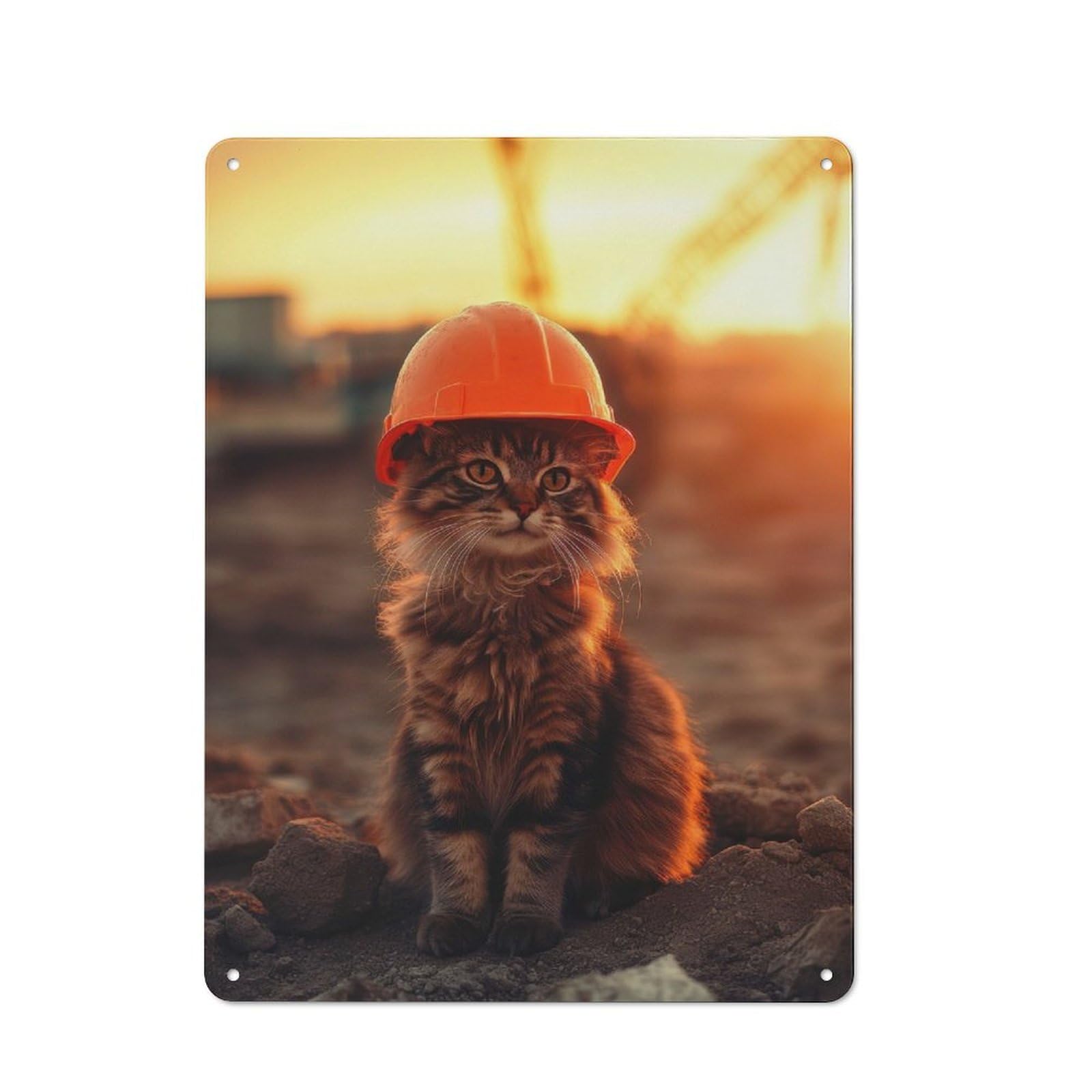 40x30cm Rustic Metal Sign with Cat in Hard Hat for Kitchen Or Home Bar, for Metal Sign Collectors, for Garage And Workshop Walls