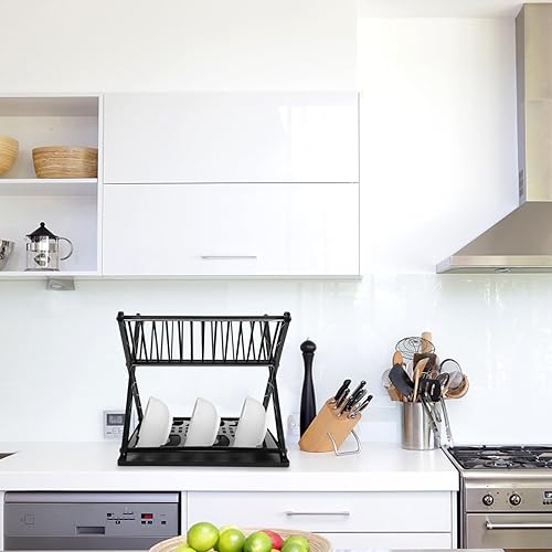 Miniatura 4 de Escurridor de platos de 2 niveles con escurridor, secadora de platos autodrenante para encimera de cocina, escurridor de utensilios de acero