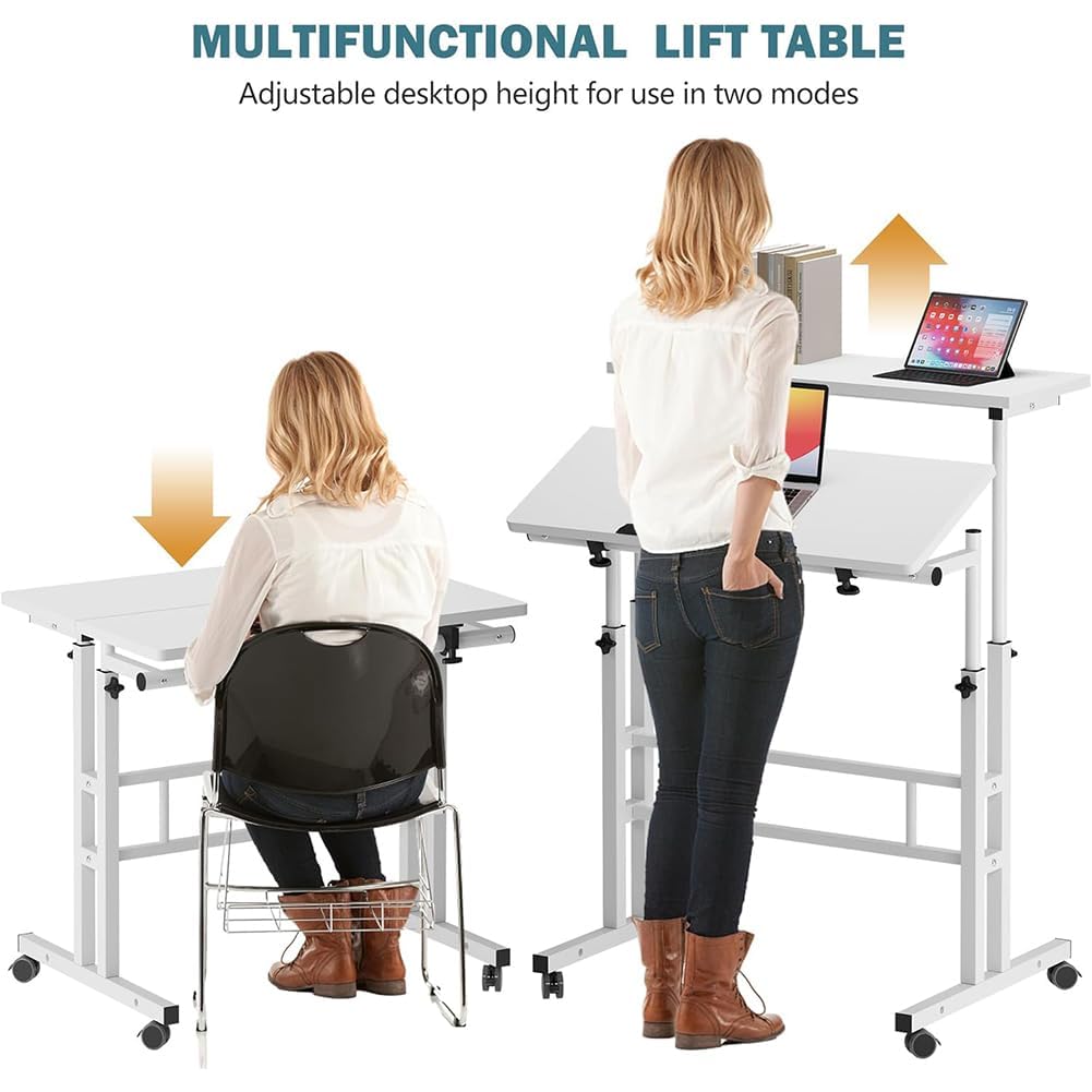 Acekool Bureau Assis-Debout Mobile réglable en Hauteur sur roulettes - Double Plateau 60 x 60 cm inclinable - Poste de Travail Ergonomique - Blanc