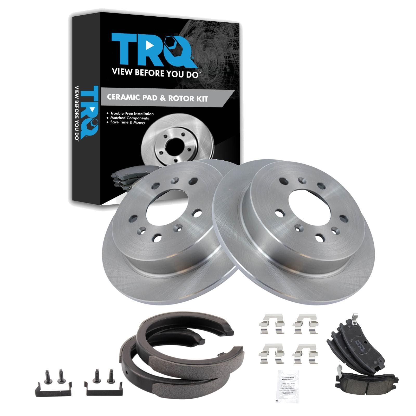 TRQ Rear Brake Pad and Rotor Set Ceramic Parking Brake Shoe Compatible with 2009 Buick LaCrosse 2006-2010 Chevrolet Impala 2006-2007 Monte Carlo