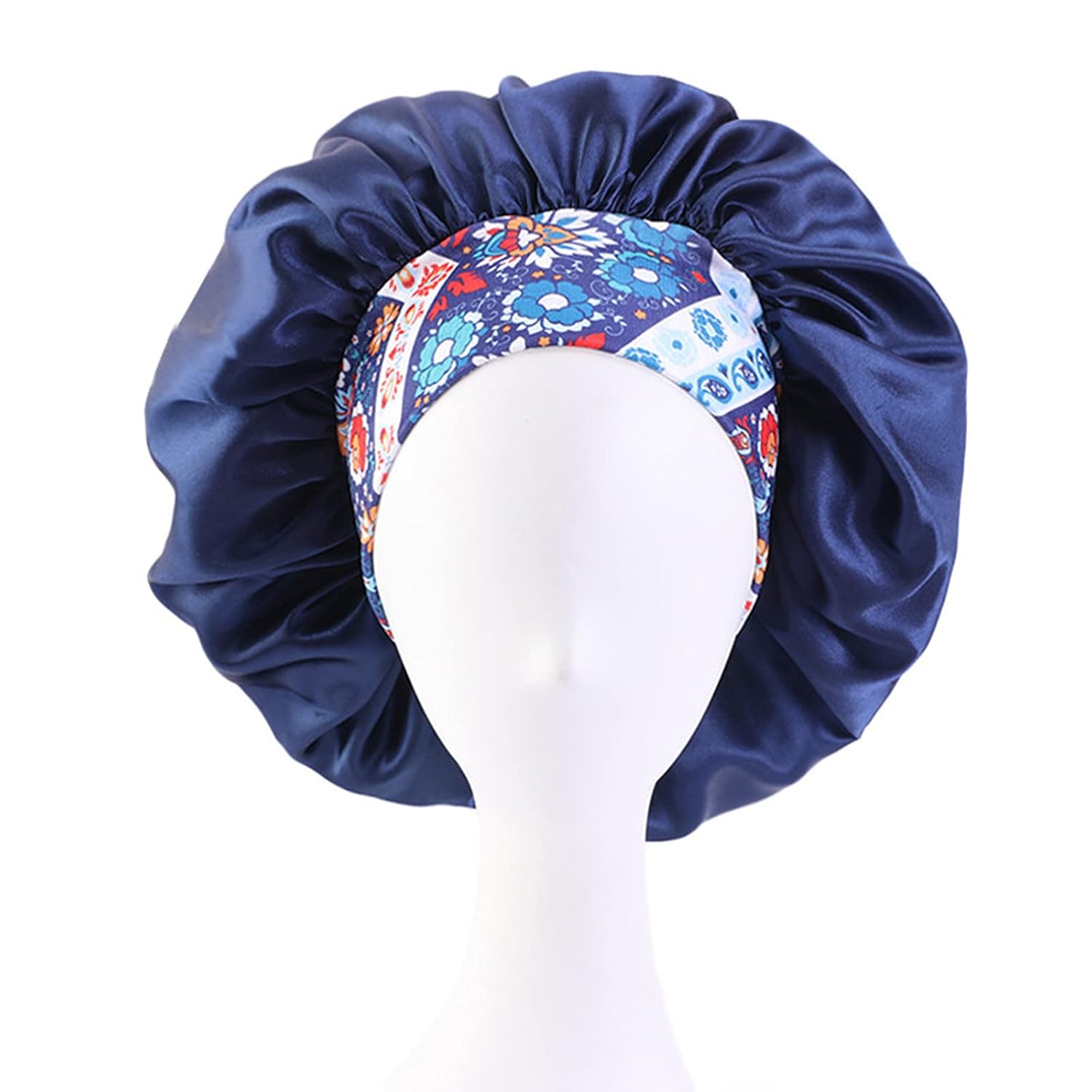Large Silk Satin Hair Bonnet Sleeping Cap Comfortable Wide Elastic Band Durable Breathable for Women Curly,Braids, Dreadlocks, Long Hair Makeup Skin Care (Navy+Black)