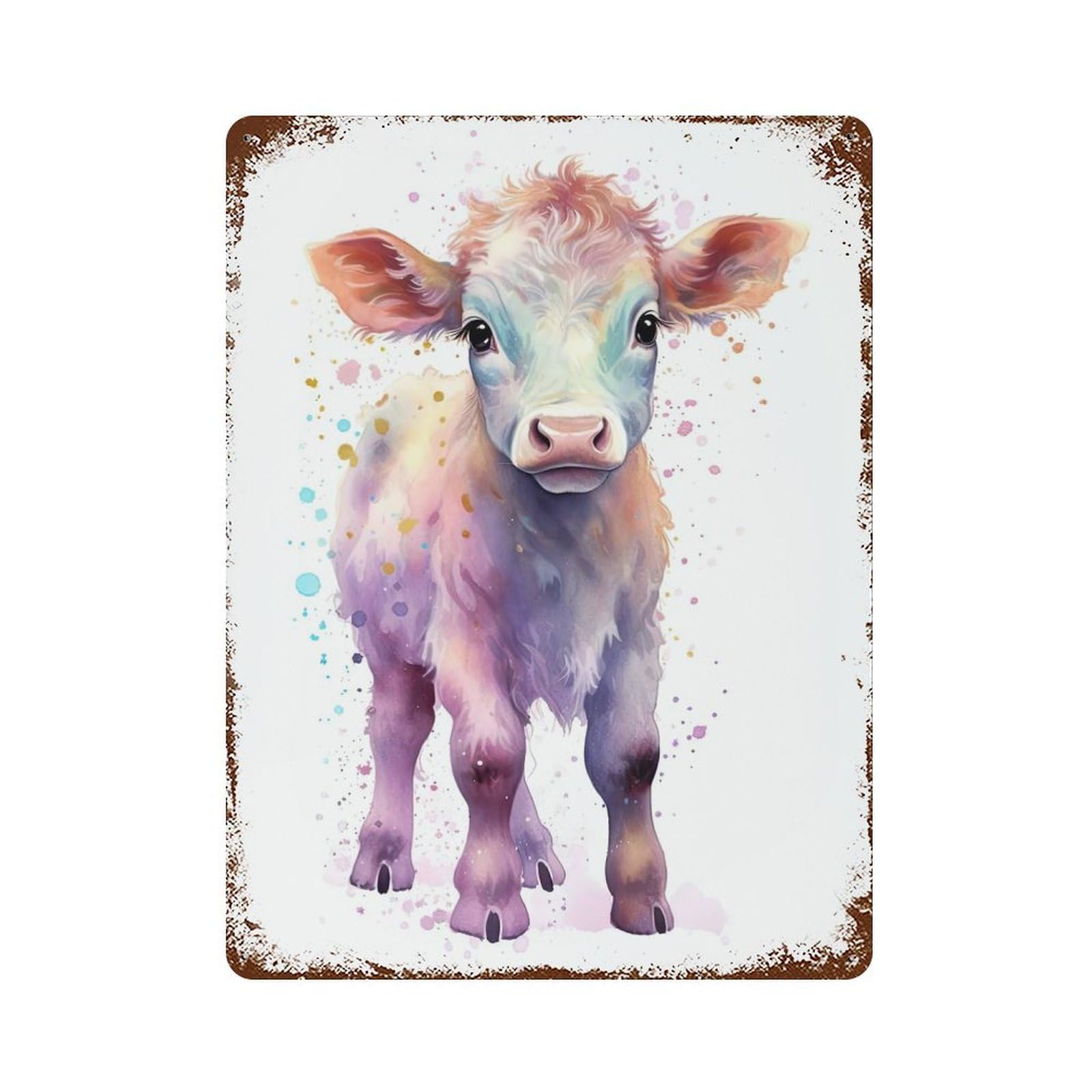 Rust Effect Watercolor Baby Cow Calf Aged Metal Wall Plaque 15.7"x11.8", Shabby Chic Decor for Living Room, Hallway And Home Decor