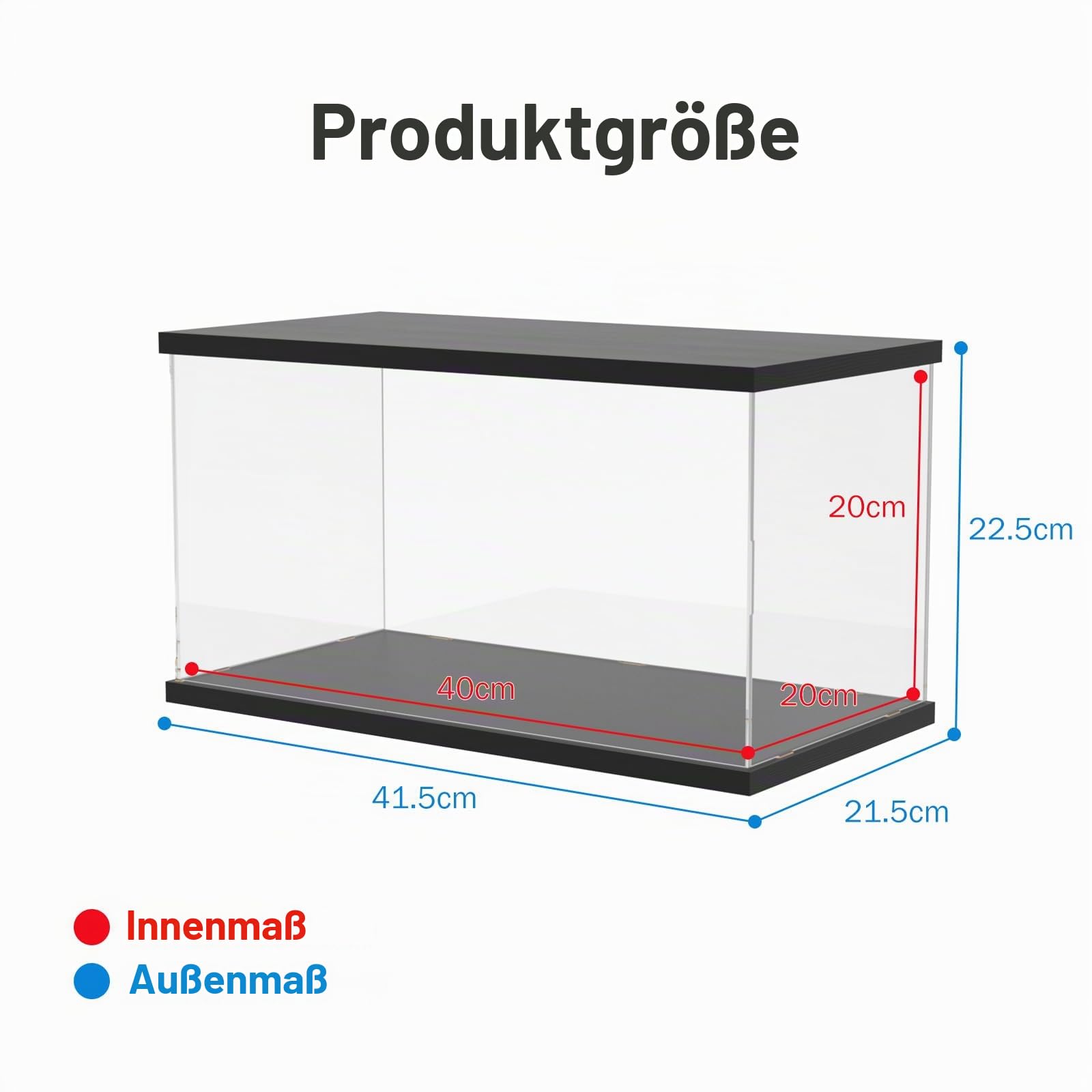 Acryl Vitrine Schaukasten mit LED-Licht, Transparente Vitrine für Lego 11375 42204 10330 10295 10337, Modellauto Schaukasten, Plexiglas Acrylbox für Sammlerstücke, 40x20x20cm, Schwarz