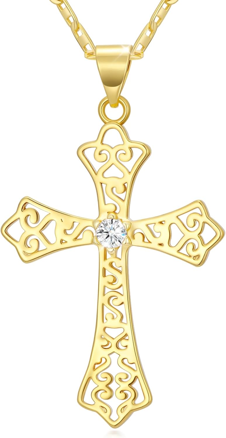 14K Gold Cross Necklace for Women Elegent Gold Cross Pendant Necklace Religious Jew...