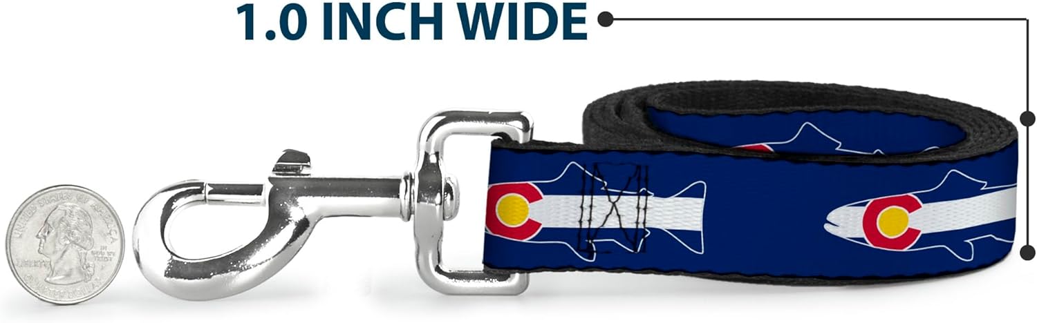 Dog Leash Colorado Trout Flag Snowy Mountains Blues White Red Yellow 6 Feet Long 1.0 Inch Wide