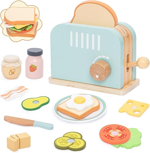 Miniatura 1 de Juego de cocina de madera con tostadora, 17 piezas, accesorios de comida para niños pequeños de aprendizaje temprano, juego de juego de desayuno,