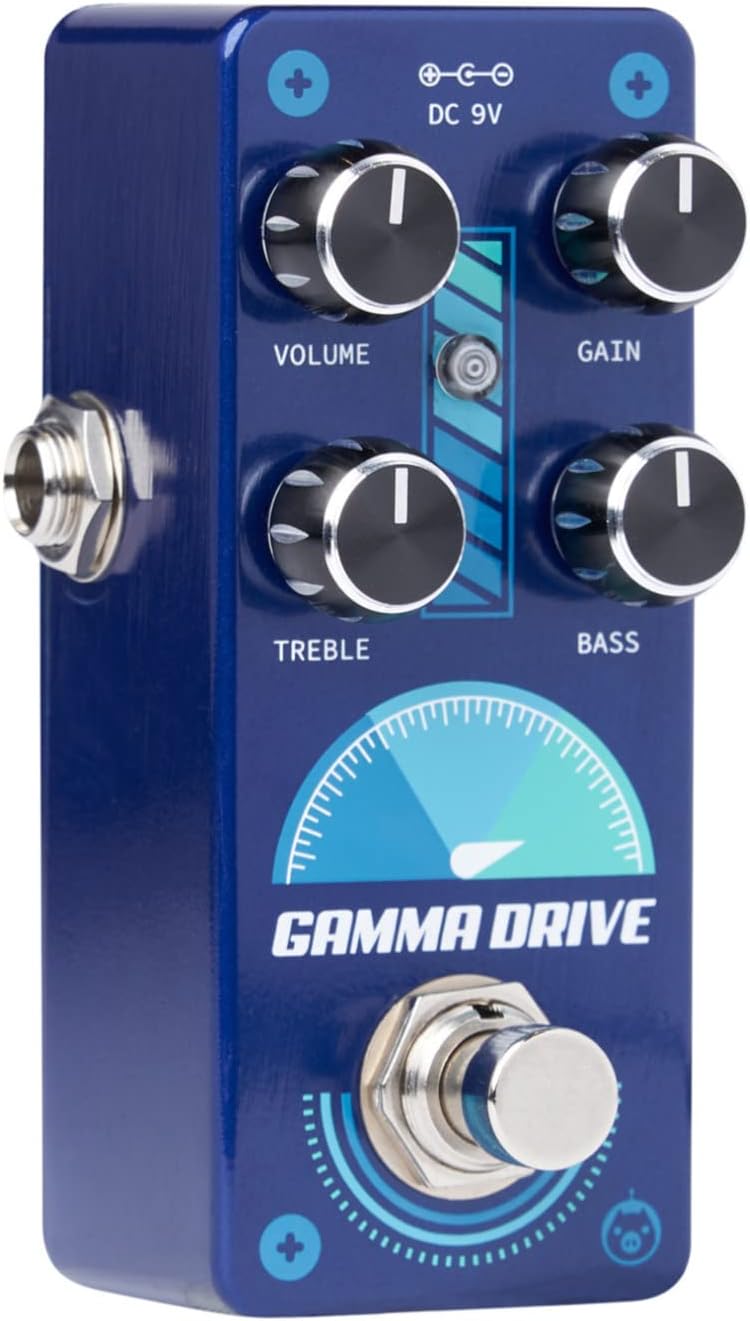 Vinklet view of the Pigtronix Gamma Drive pedal showing the input and output jacks on the sides.