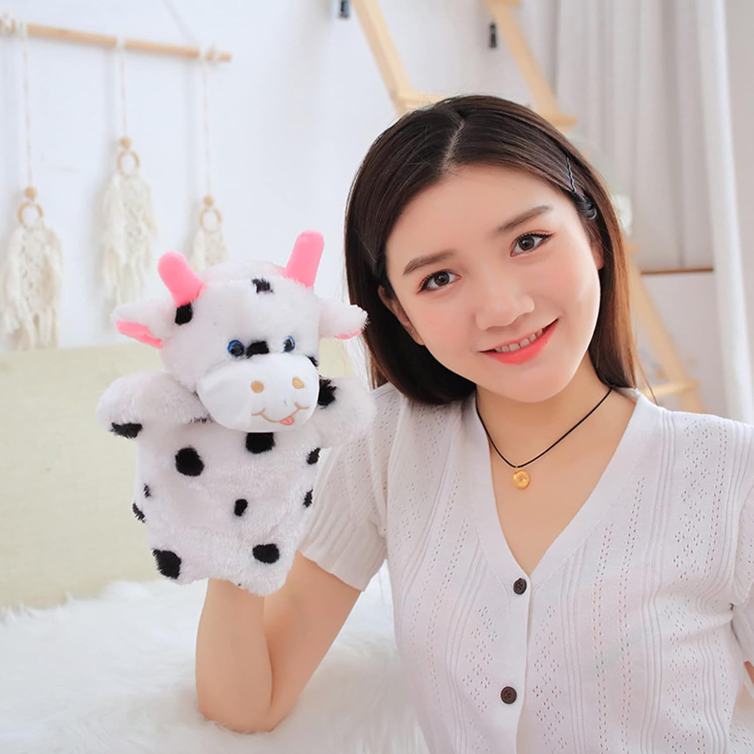 Hand Puppets Plush Cow Farm Animal Toys for Imaginative Pretend Play Storytelling Kids Gifts
