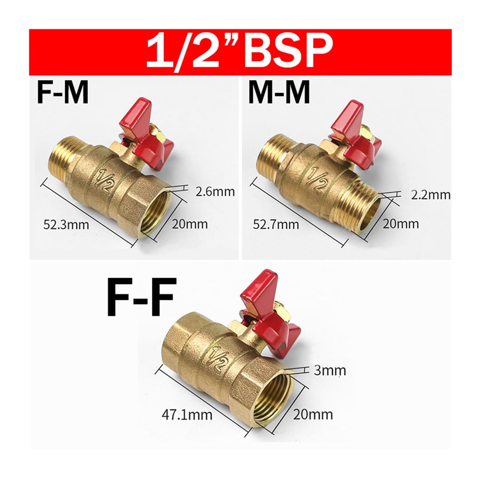 Kugelventil, Messing Kugelhahn Luftkompressor Wasser Gas Öl Absperrventil 1/8" 1/4" 3/8" 1/2" BSP Gewinde Mini Stecker Auf Buchse(1/2",RED_M TO F)