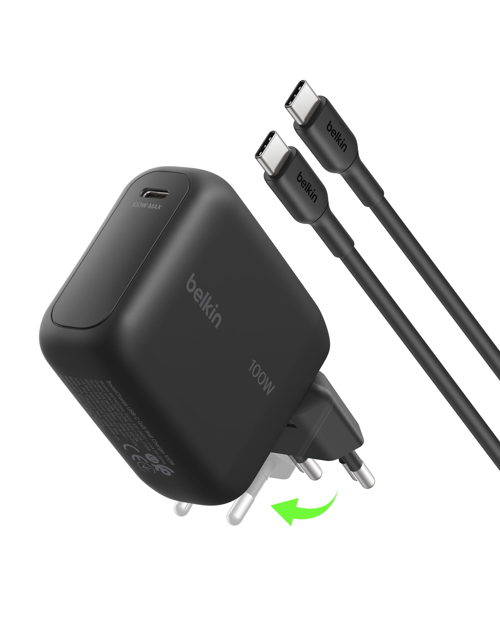 Belkin BoostCharge Cargador USB C, Cargador GAN Compacto 100W Plegable, Carga Rápida, Enchufe USB C Pared, Cable USB C de 1,5 m, iPhone 17, Samsung Galaxy S26, Pixel 10, AirPods - Negro