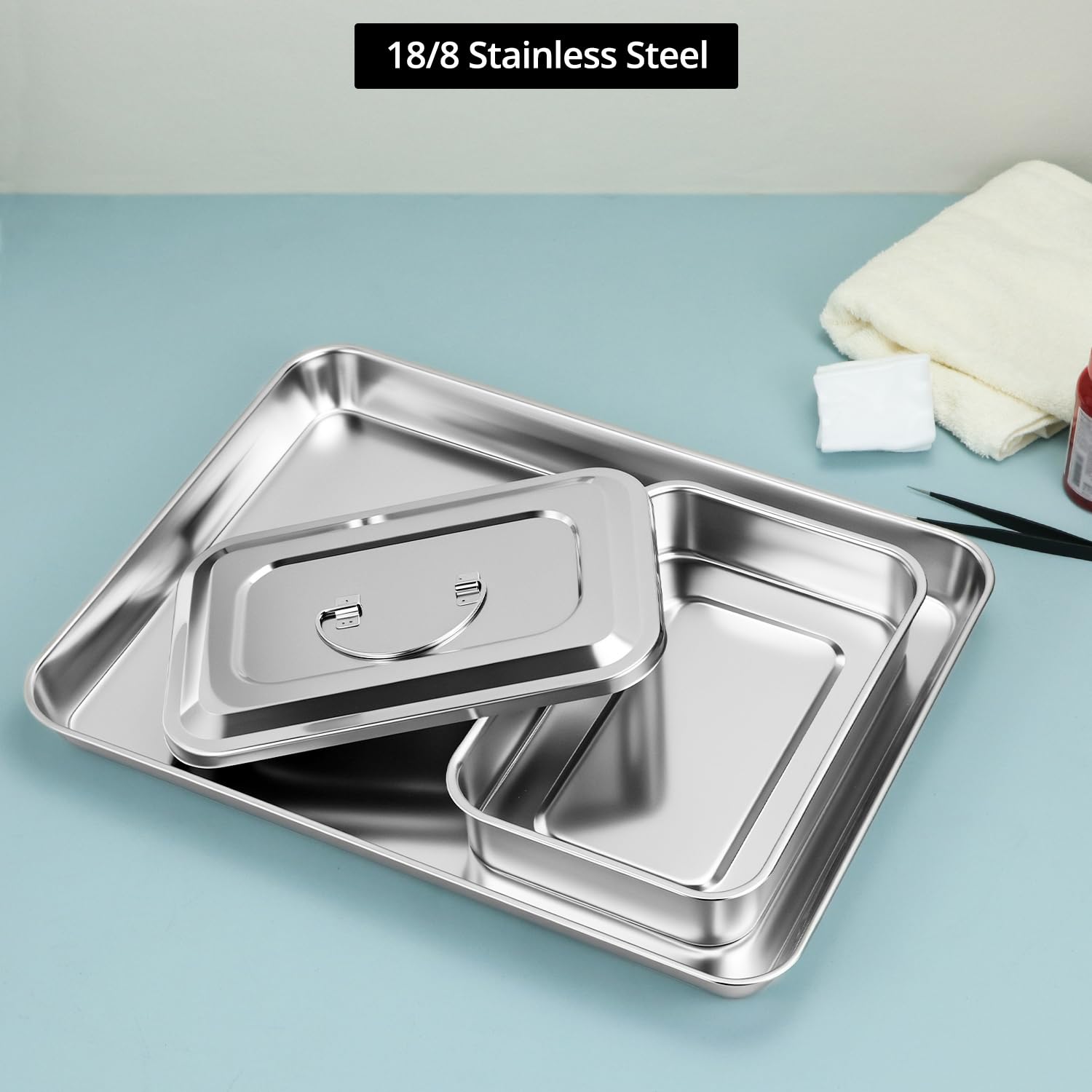 QWORK Vassoio medico, 1 vassoio chirurgico in acciaio inox + 2 vassoi organizer per strumenti con coperchio, 39 x 28 x 43 x 2,5 cm + 24,1 x 16 x 5,1 cm