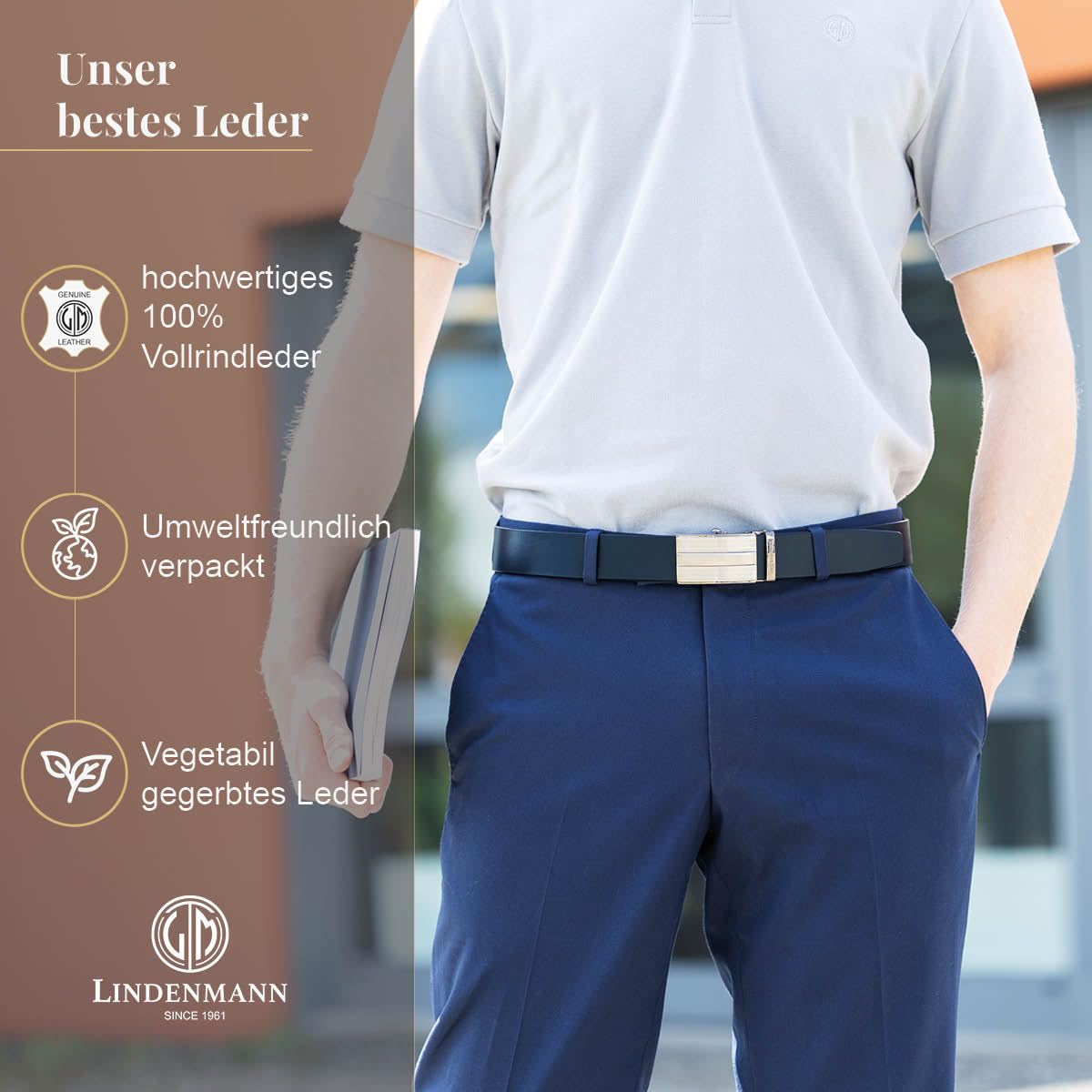 LINDENMANN Herren Automatikgürtel Rindsleder blau Made in Germany