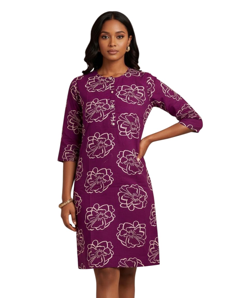 Women's Florl Print Purple Kurti Rount Neck 3/4 Sleeves-picture-26