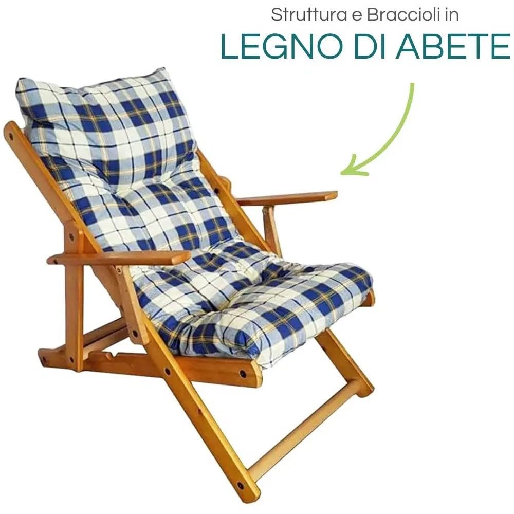 POLTRONA SEDIA SDRAIO RELAX 3 POSIZIONI IN LEGNO PIEGHEVOLE CUSCINO IMBOTTITO H 100 CM SOGGIORNO CUCINA SALONE DIVANO ARMCHAIR SOFA' (AZZURRA)