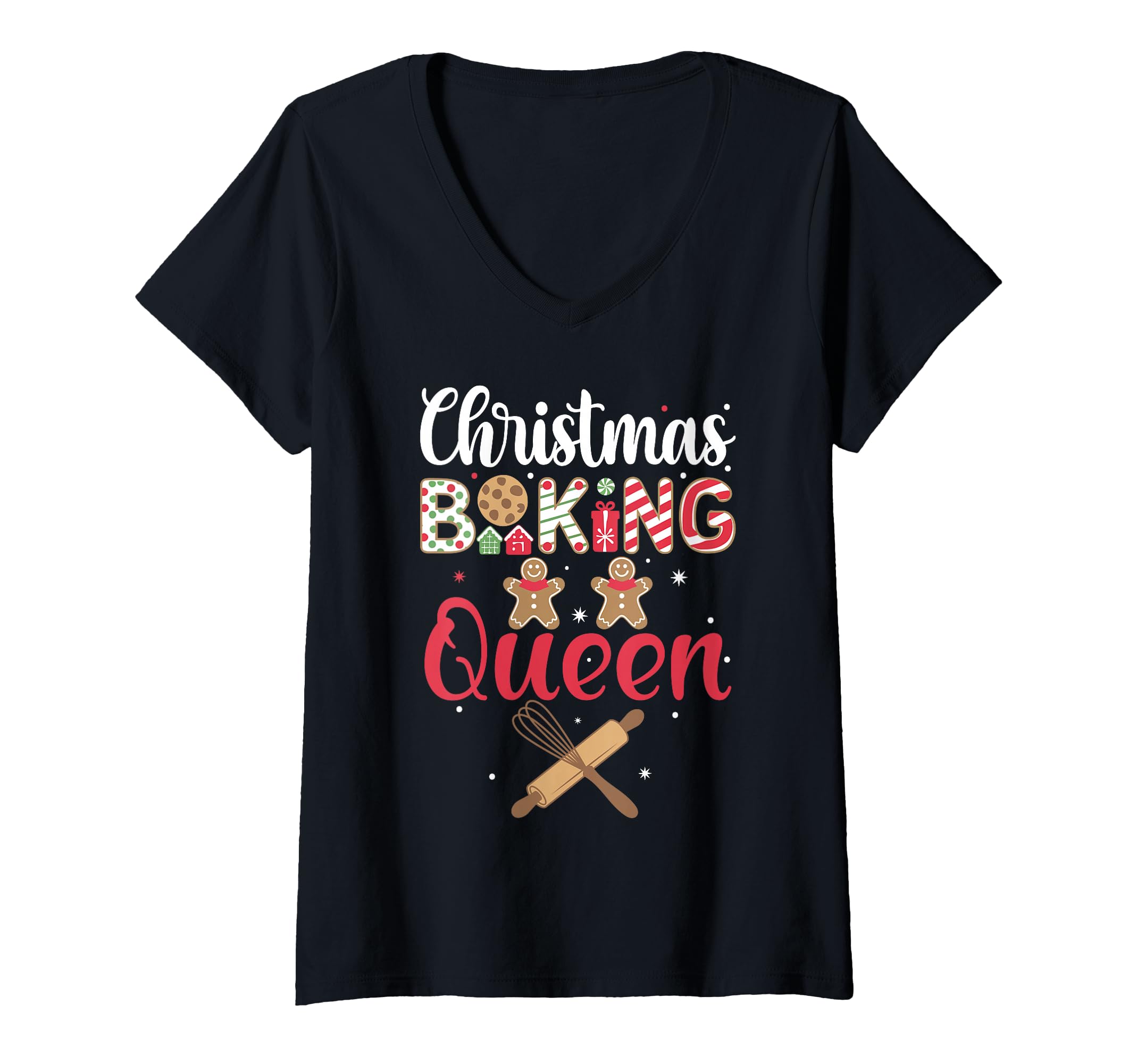 Womens Funny Christmas Baking Queen Baking Christmas Cookie V-Neck T-Shirt