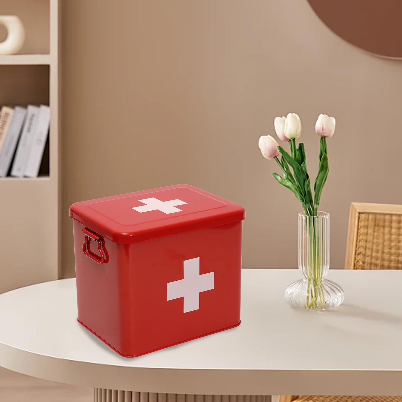 Porta Medicine,Contenitore Per Medicine Domestiche,Organizer Medicinali 2 Strati In Metallo,Scatole Medicine Con Maniglia,Adatto Allo Stoccaggio Di Prodotti Farmaceutici Pronto Soccorso Rosso