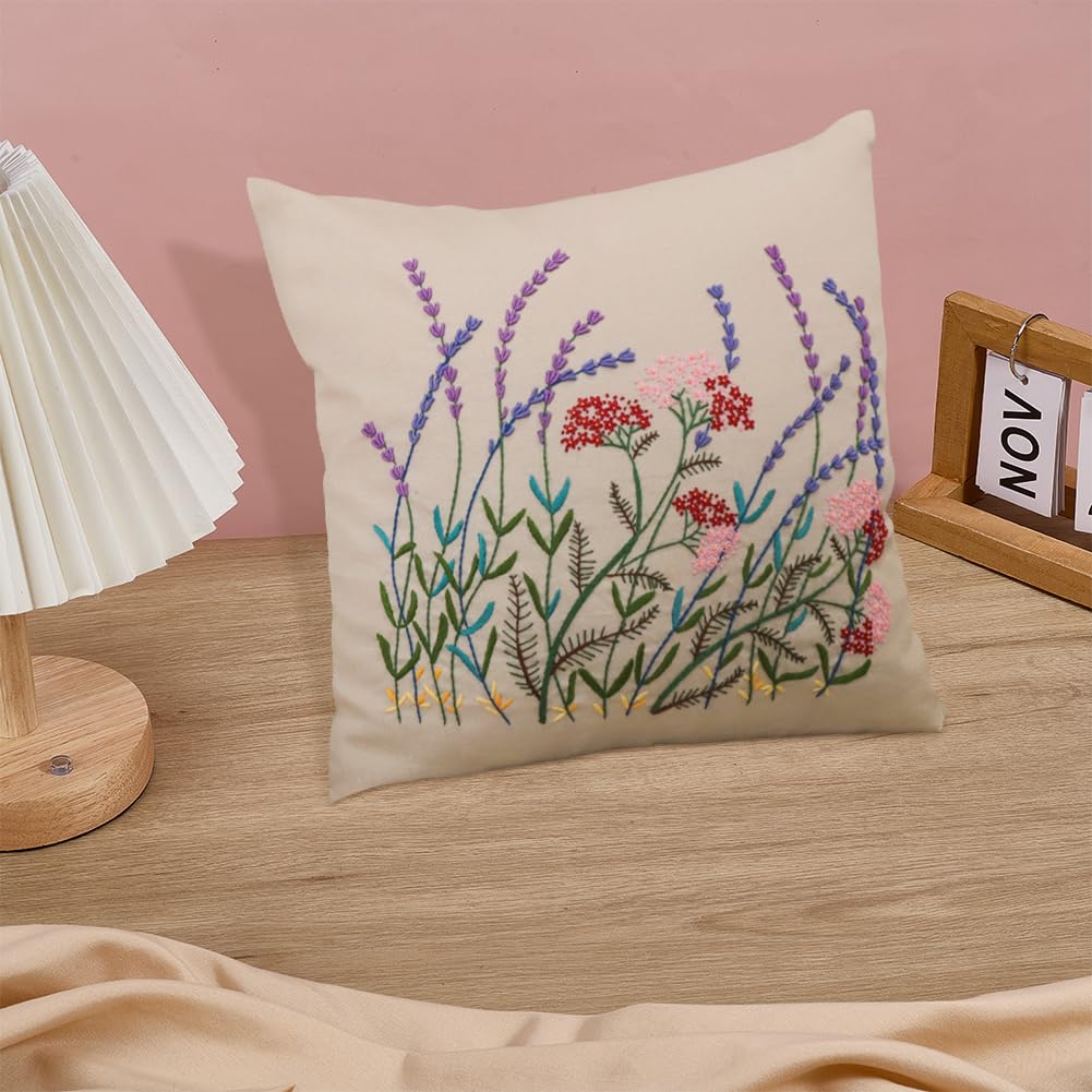 WEBEEDY 2 Set Stickkissen Set Komplettes DIY Kissenbezug Set Mit Vorbedruckten Floralen Kissenbezügen Stickgarne Nadeln & Anleitung Für Heimdekoration 42x42cm