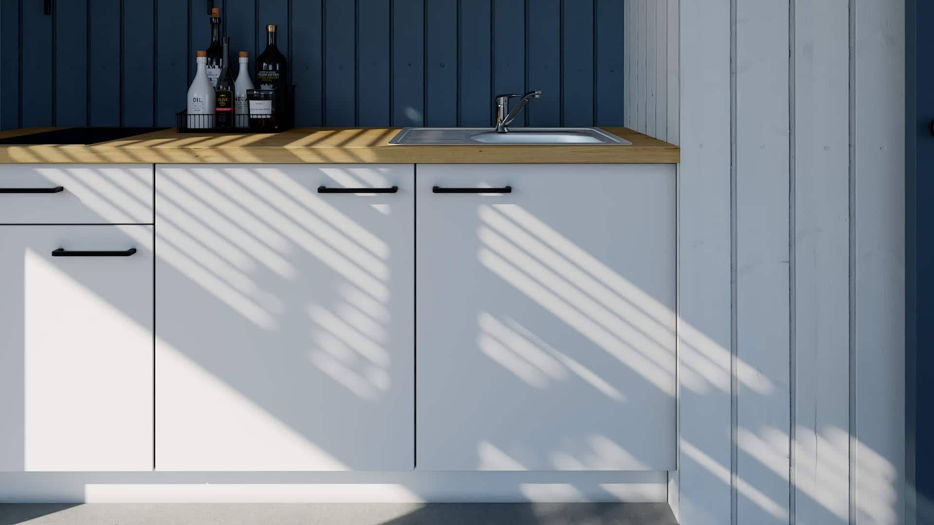 WALLERS cuisine complète 180 cm : Meubles 19mm + Plan de travail 3,8cm + Frigo intégré table top + Plaque de cuisson 2 foyers + Mitigeur (180 cm évier à droite, Plan de travail couleur chêne)
