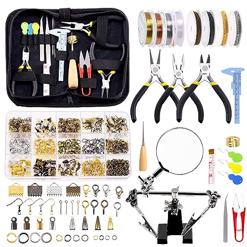 GLARKS Kit de 950 piezas de suministros para hacer joyas con herramientas para hacer joyas, alicates de joyería, cables de cuentas, hallazgos de joyería y herramientas de medición para bricolaje,