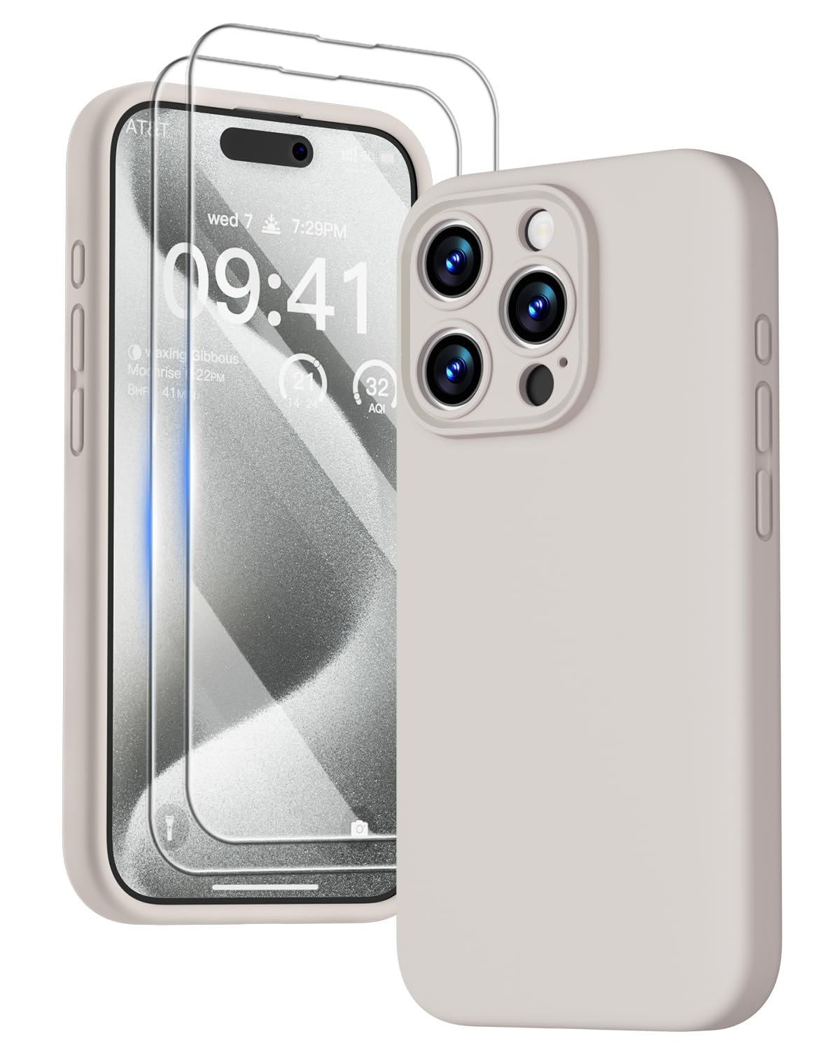 GOODVISH 3 in 1 Silicone Cover per iPhone 15 Pro 6.1" (2023), Custodia con 2 Pellicola Protettiva, Case per Cellulare Ultra Sottile Antiurto Resistente [Protezione Fotocamera], Grigio Roccia