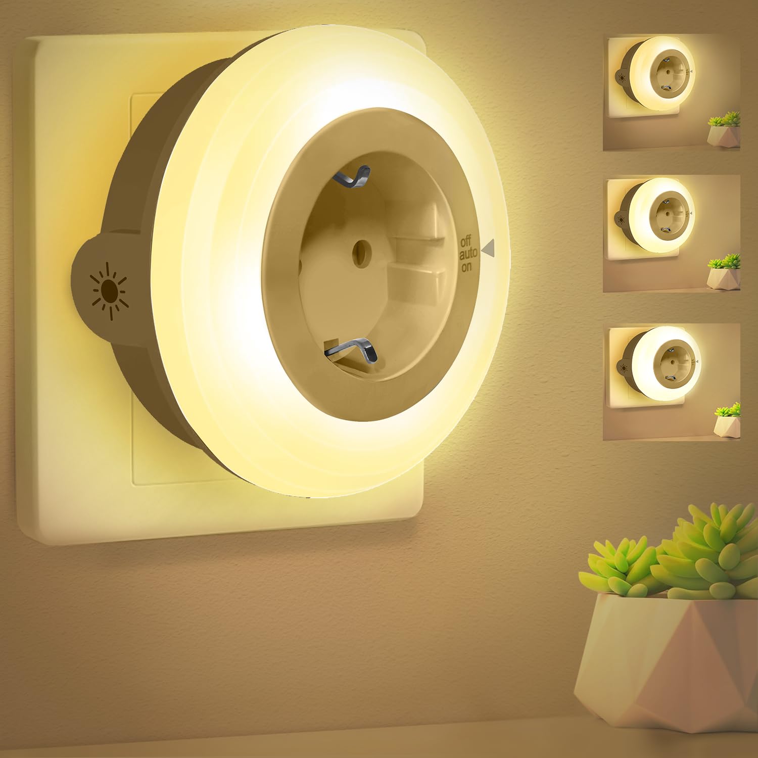 Bzavor LED Nachtlicht Steckdose mit Dämmerungssensor, 4 Einstellbare Helligkeitsstufen, ON/OFF/AUTO Modi, Steckdosenlicht Helligkeitssensor,Nachtlicht Steckdose Kinder, Nachtlampe Steckdosenlampe