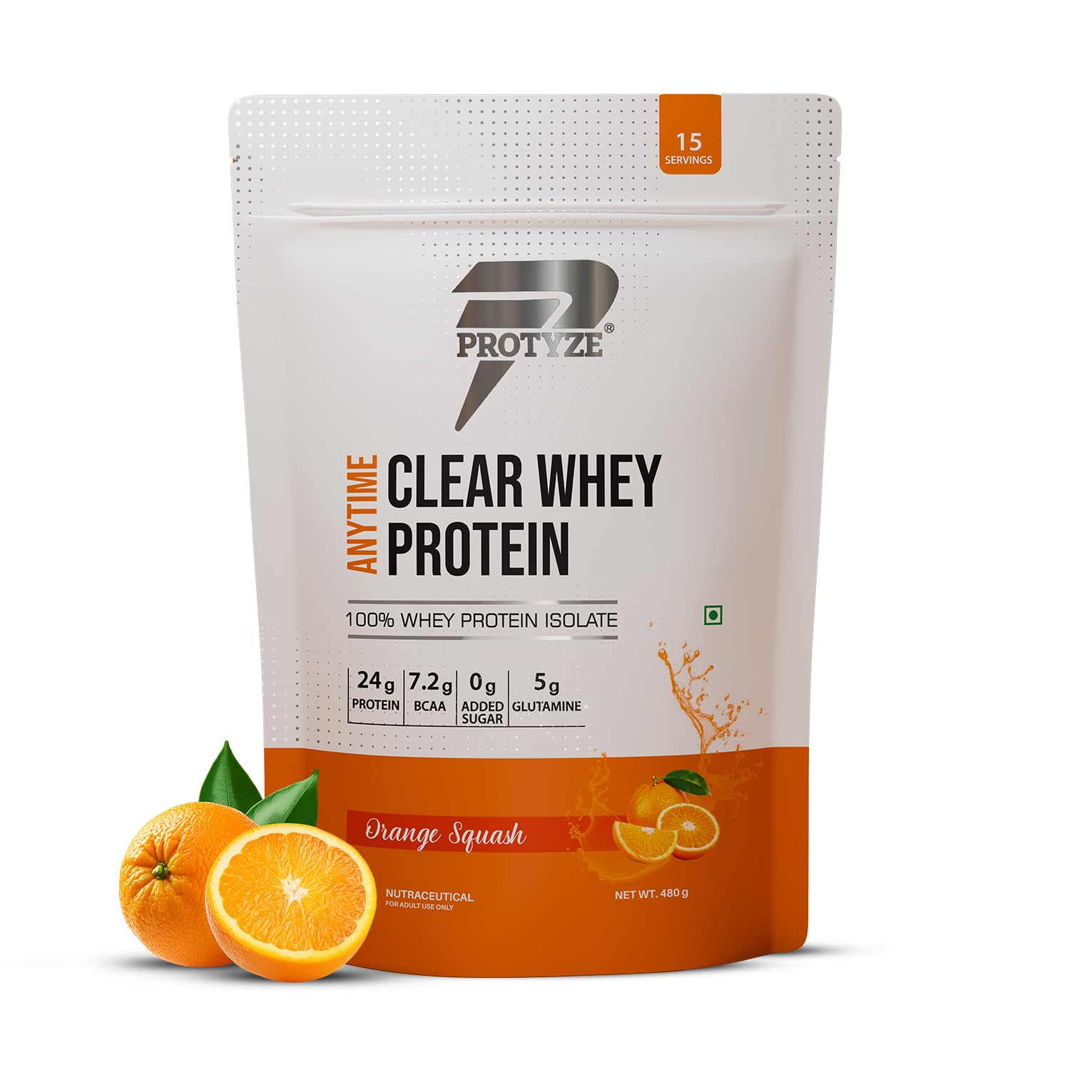 Protyze Anytime Clear Whey Protein Isolate | 24g Protein Per Scoop | Orange Squash, 15 Servings | ISO & HACCP Certified | Lean Muscle Growth, Easy Digestion & Refreshing