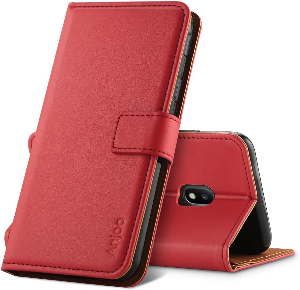Anjoo Funda Compatible con Samsung Galaxy J3 2017, Suave PU Leathlux Case con Flip Case Cover, Cierre Magnético, Función de Soporte, Billetera con Tapa Tarjetas, Roja