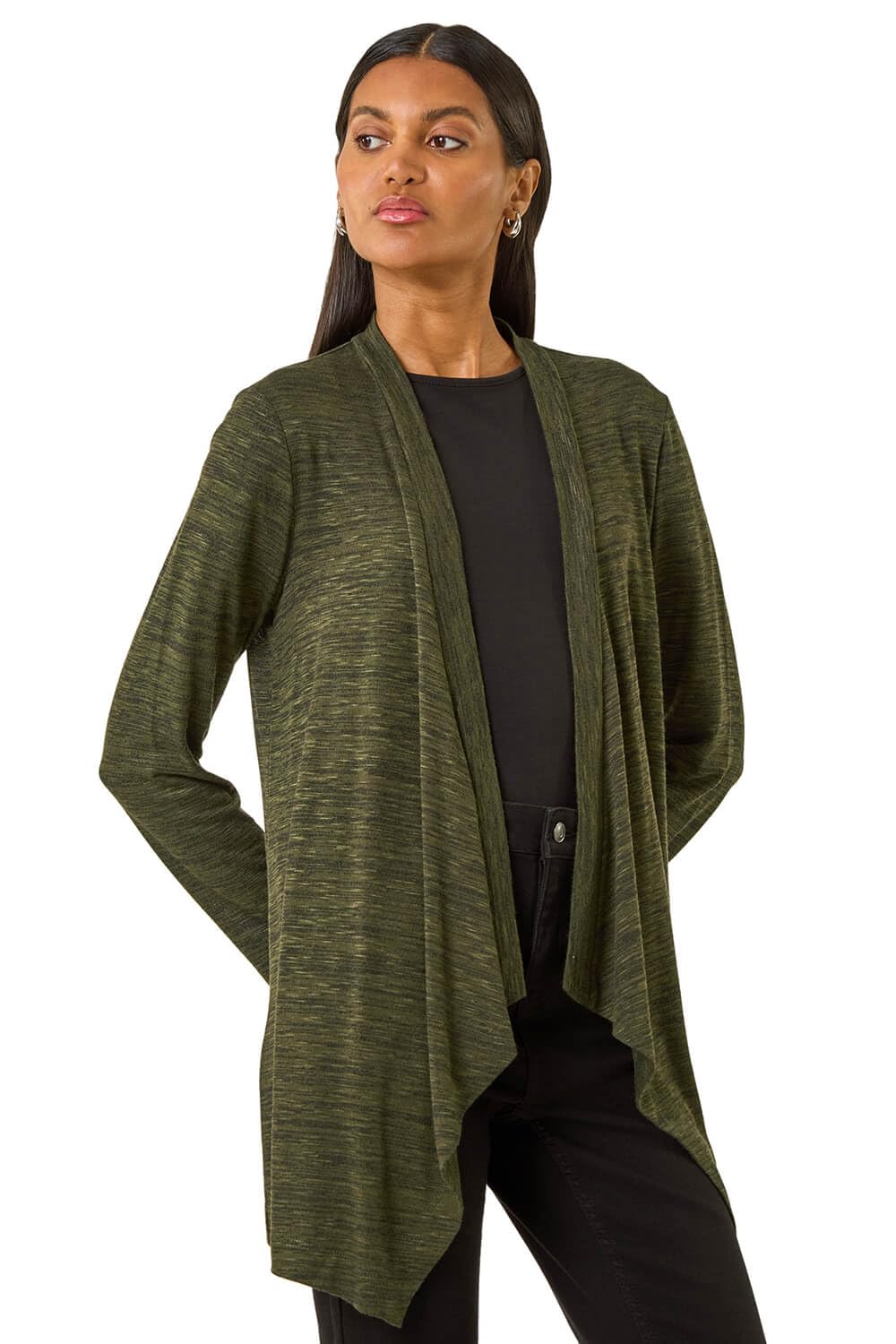 Roman Waterfall Front Stretch Cardigan - Khaki - Size 12