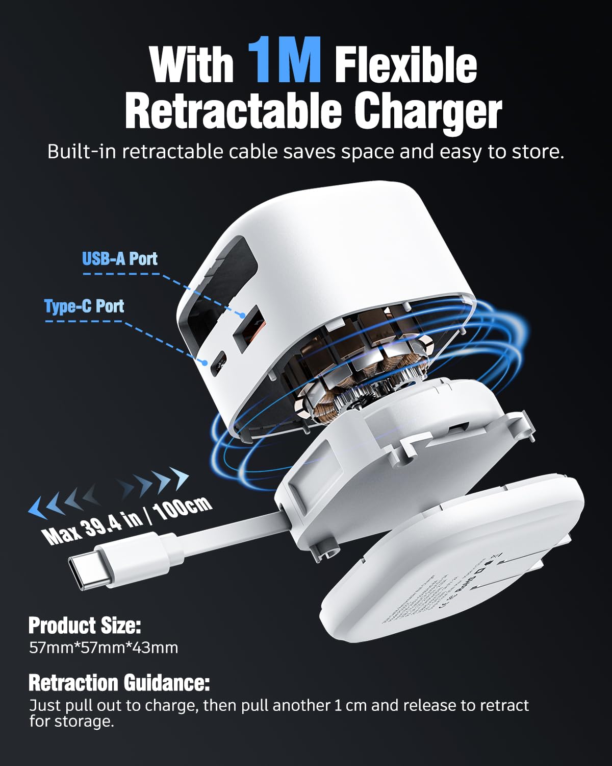 DreamBee Retractable Wall Charger, 3-Port USB Charger with Retractable Type C Cable (39.4 inch), 35W Fast Charging Travel Adapter for iPhone 16/15 Pro Max/iPad/Galaxy/Pixel (White)