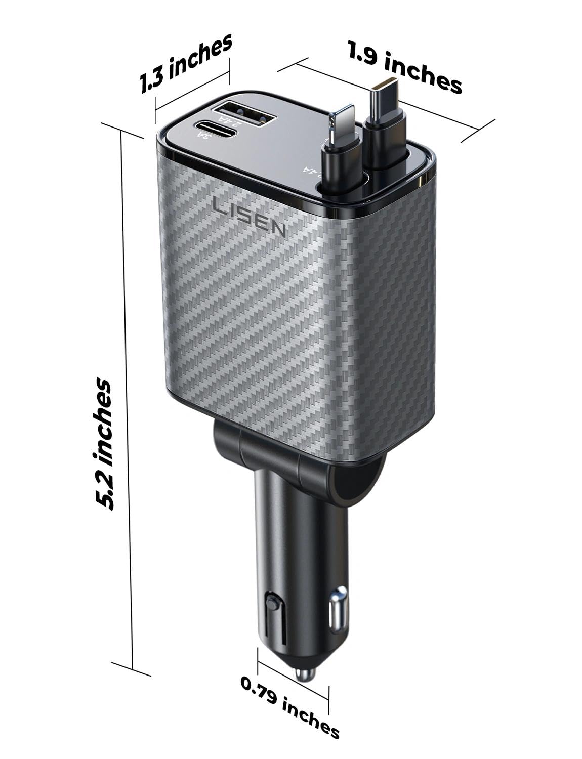 LISEN Retractable Car Charger, 84W Car Charger USB C Fast Charger Adapter, Car Accessories for Men Women, Gifts for Fathers Day for Men Dad Husband, for iPhone 17 16 15 14 13 12 Pro Max, Carbon-Grey view 8